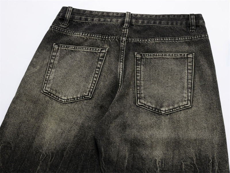 Baggy Straight Leg Jeans – Men's Vintage Washed Distressed Black Wide-Leg Denim