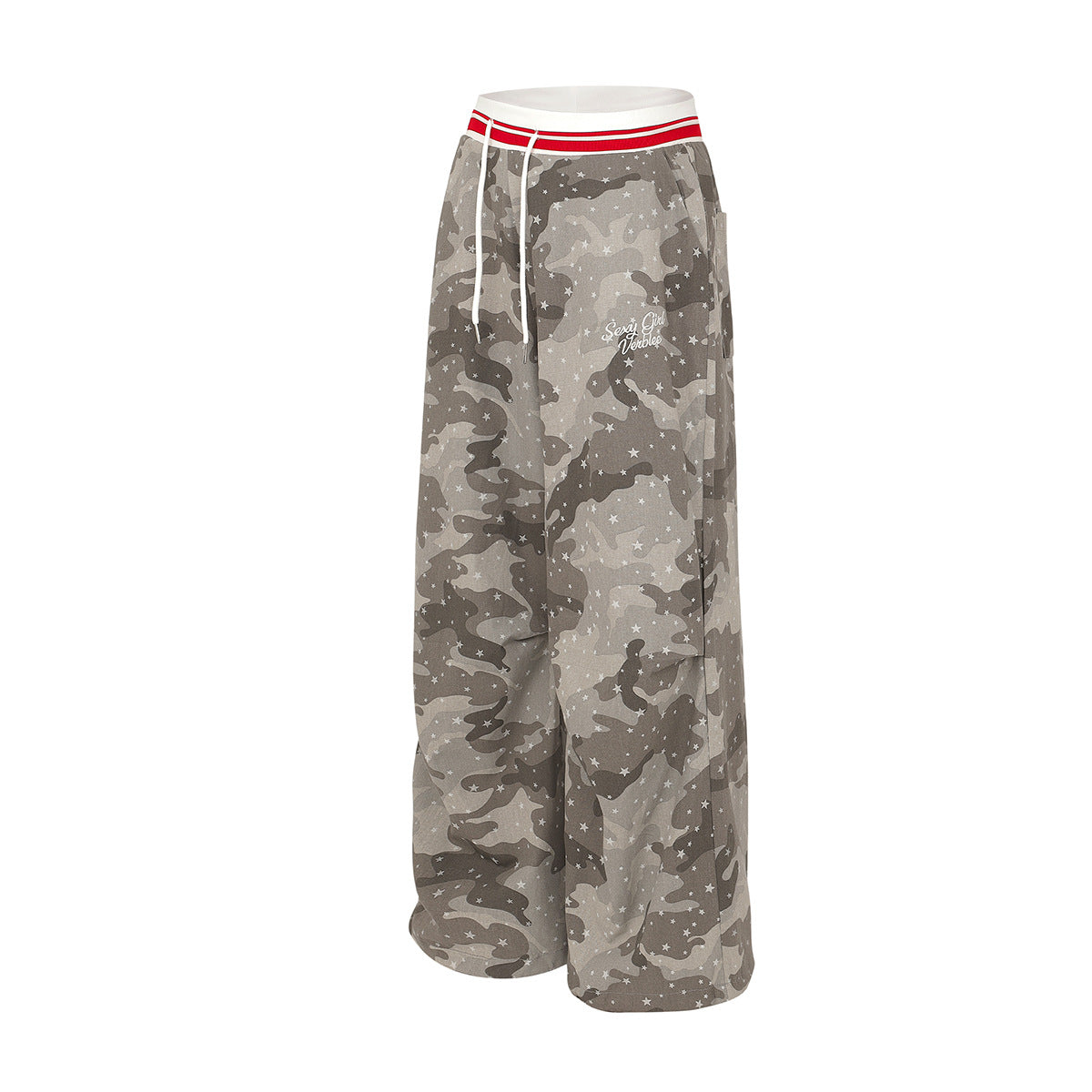 Wide-Leg-Cargohose im Camouflage-Look mit Sternprint und rot gestreiftem Taillenbund