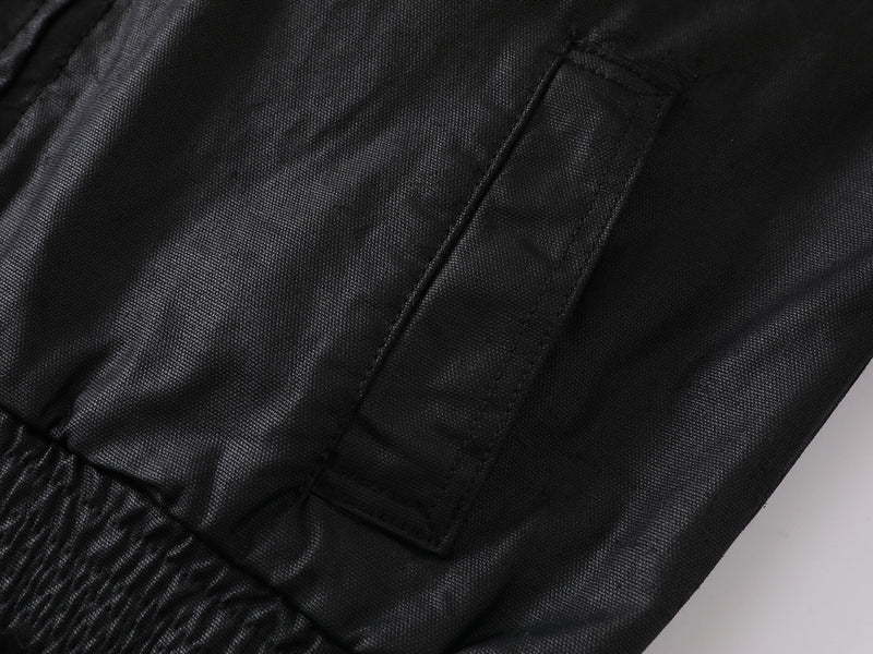 Wax-Coated Stand-Collar Bomber Jacket – Retro Moto Style in Black