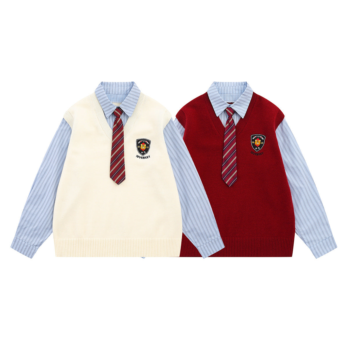 Campus-Style Knit Sweater Vest Layered Shirt with Badge Patch and Striped Tie