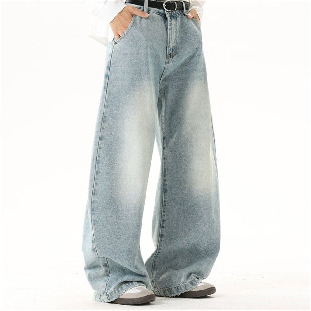 Wide-Leg Baggy Jeans – Men's Vintage Washed Light Blue Curved Hem Denim