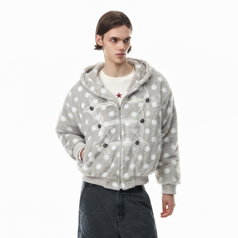 Polka Dot Faux Mink Hooded Zip Jacket – Oversized Streetwear Coat with Ornate