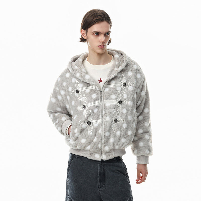 Polka Dot Faux Mink Hooded Zip Jacket – Oversized Streetwear Coat with Ornate