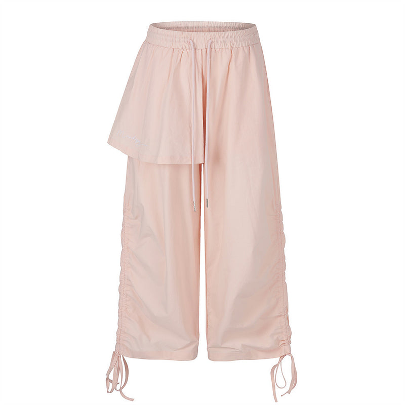 Wide-Leg Parachute Pants with Ruched Side Drawstring & Layered Flap Detail