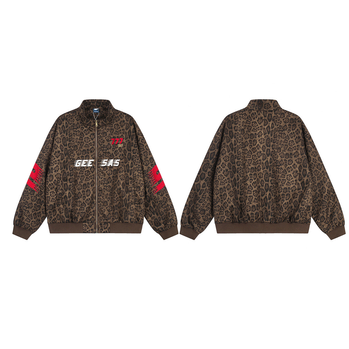 Blouson bomber zippé à imprimé léopard avec broderie 777 et col montant
