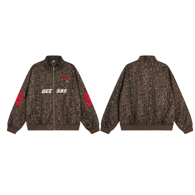 Blouson bomber zippé à imprimé léopard avec broderie 777 et col montant