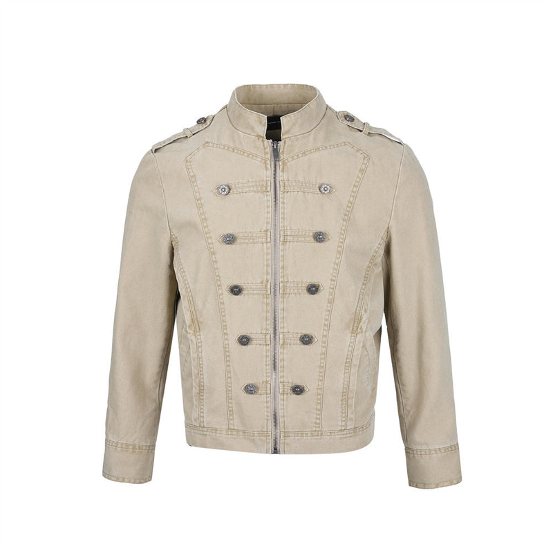 Men's vintage military double-breasted zip jacket with stand collar and ornate metal buttons in washed khaki