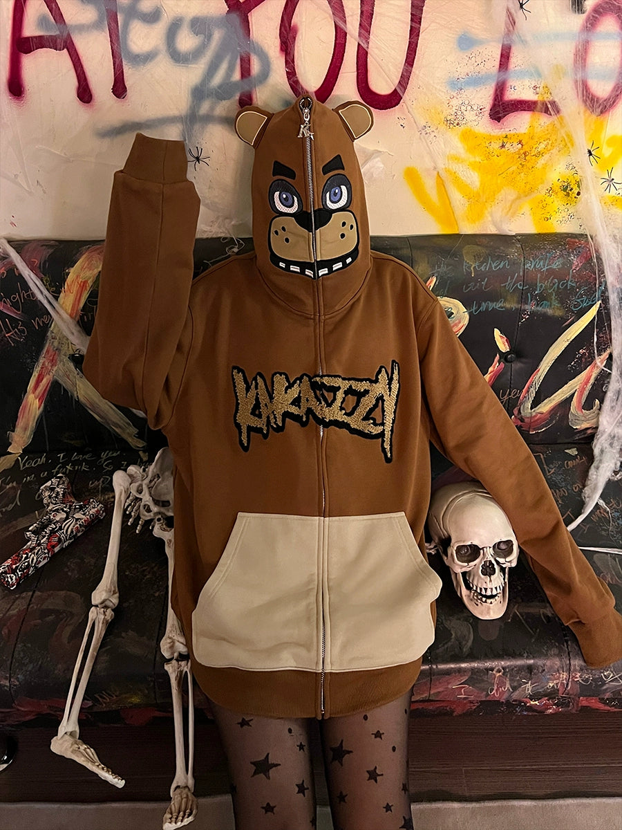 Freddy-Inspired Hoodie - 400GSM Oversized Brown Zip-Up Five Nights at Freddy&