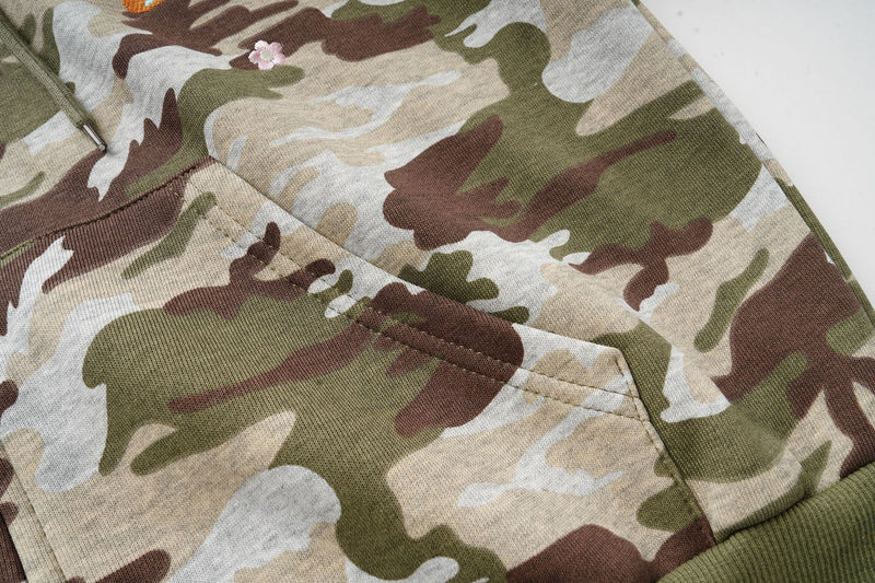 Sweat à capuche zippé camouflage avec broderies florales – Sweat-shirt streetwear oversize