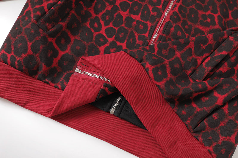 Veste hoodie zippée à motif léopard – Imprimé animal rouge et noir oversize avec