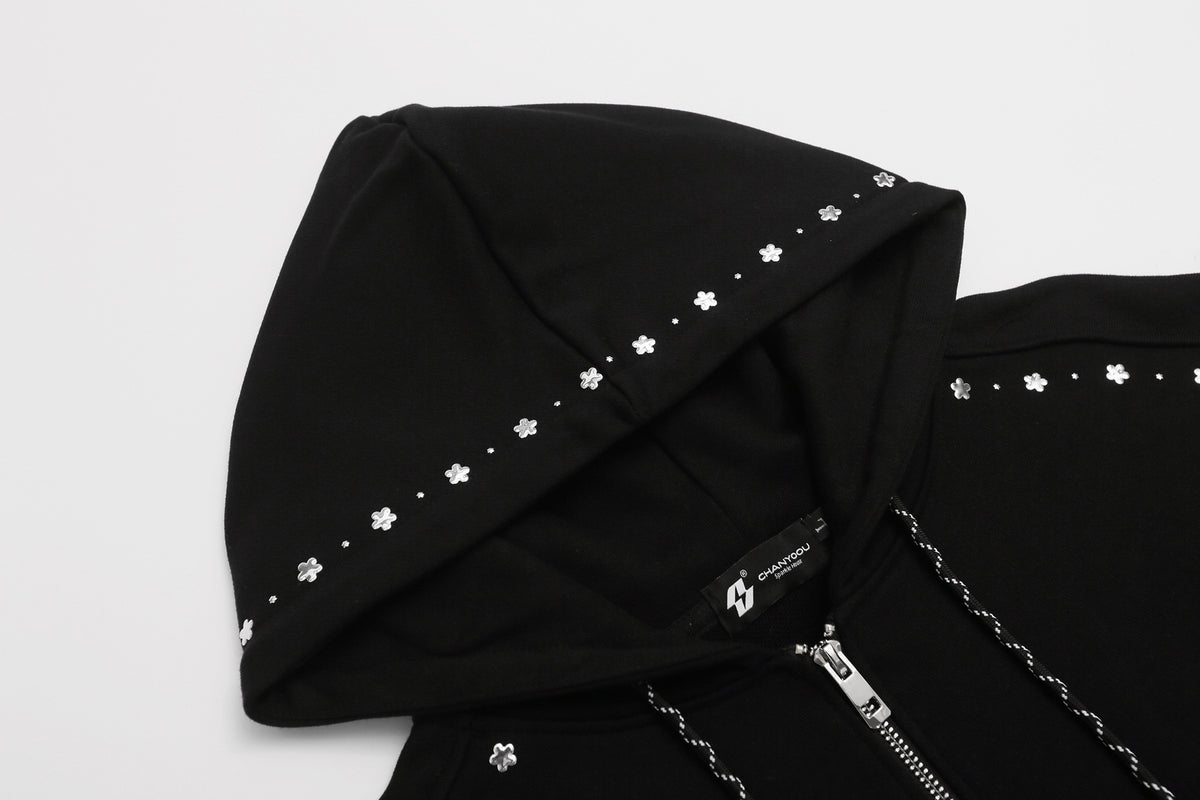 Zip-Up Hoodie with Star Studs & Decorative Drawstring, Oversized Fit