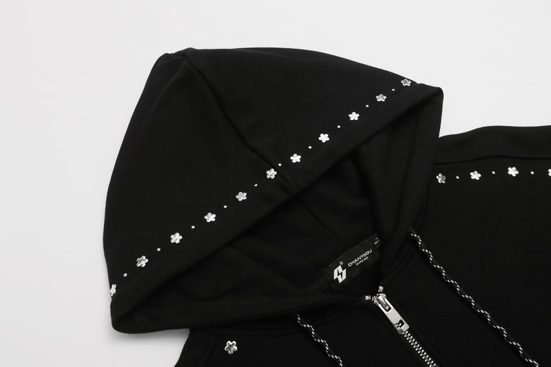 Zip-Up Hoodie with Star Studs & Decorative Drawstring, Oversized Fit
