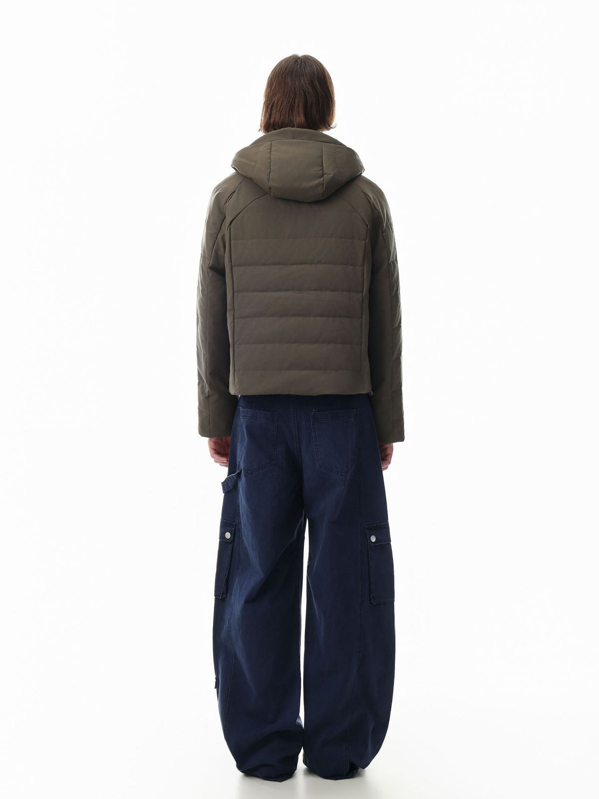 Hooded Quilted Puffer Jacket – Ribbed Panel Down Coat in Olive & Black