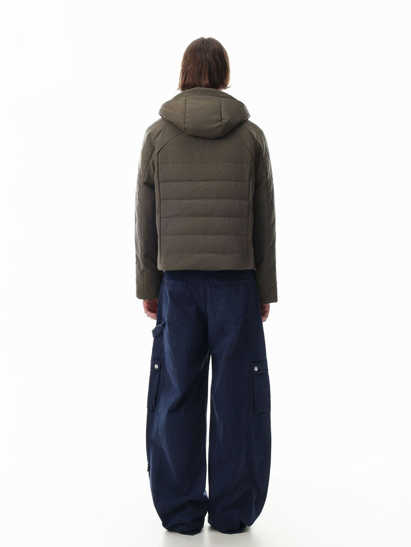 Hooded Quilted Puffer Jacket – Ribbed Panel Down Coat in Olive & Black