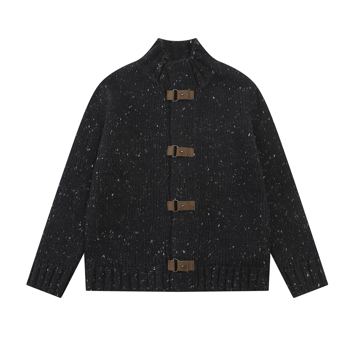 Chunky Knit Cardigan Sweater with Leather Buckle Closure, Mock Neck