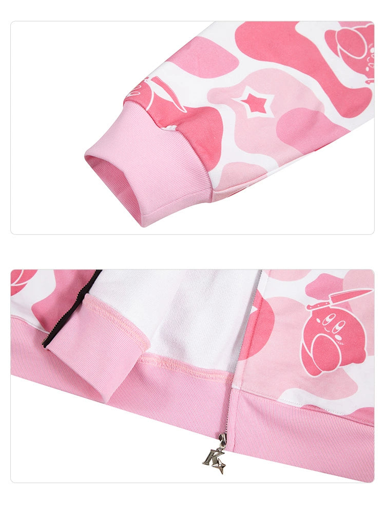 Pink Kirby-Inspired Hoodie - 400GSM Cotton with Camo Design and 3D Ears