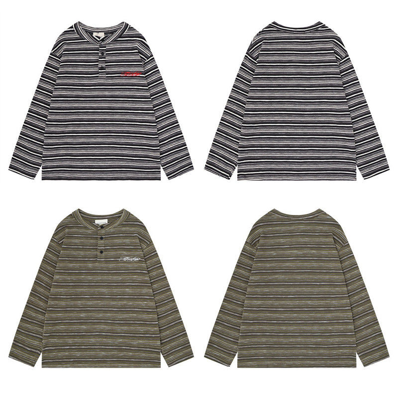 Chemise homme rayée à manches longues style Henley – Haut en maille à coupe décontractée avec boutons