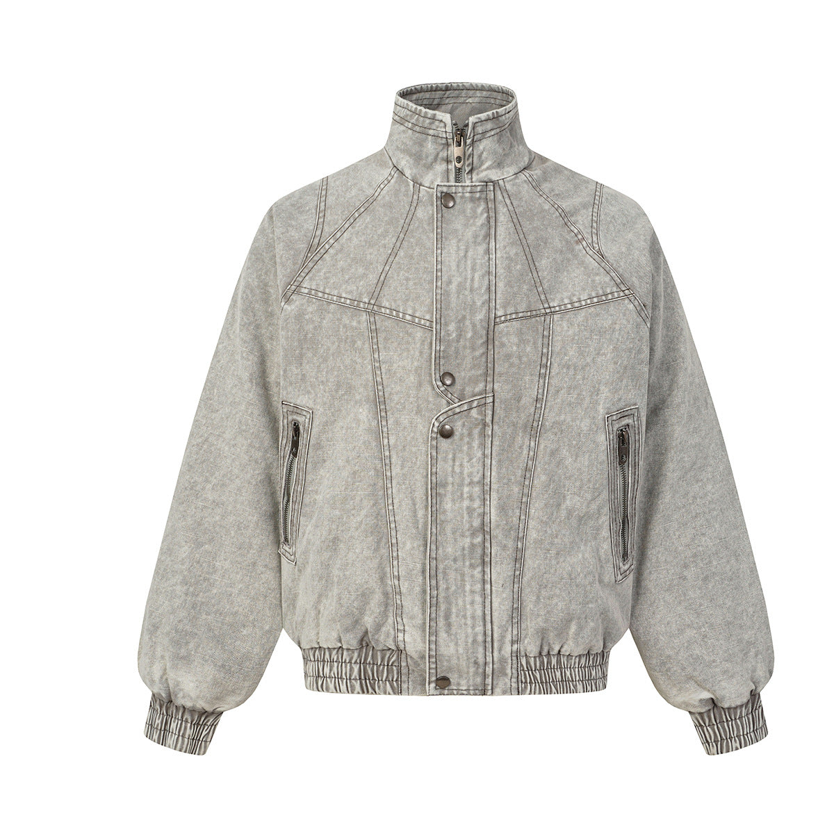 Oversized washed denim padded bomber jacket with deconstructed geometric panels and contrast topstitching in washed grey