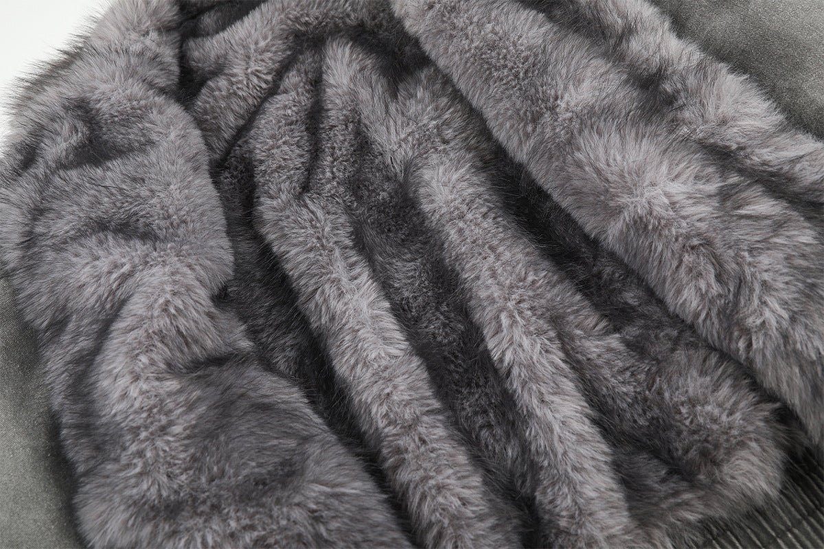 Washed Grey Denim Bomber Jacket with Faux Fur Collar Lining