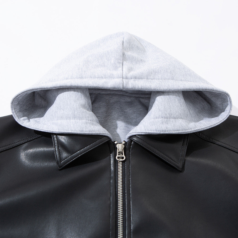 Faux Leather Hooded Bomber Jacket – Layered PU Zip-Up Oversized Coat
