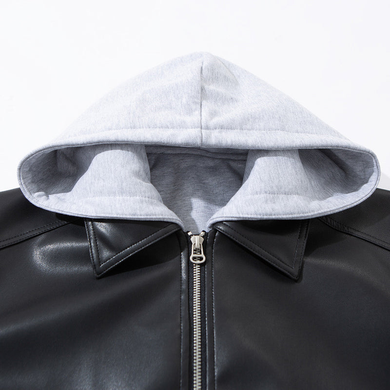 Faux Leather Hooded Bomber Jacket – Layered PU Zip-Up Oversized Coat