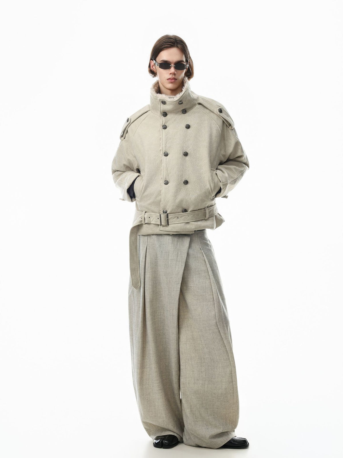 Double-Breasted Shearling-Collar Padded Jacket with Waist Belt