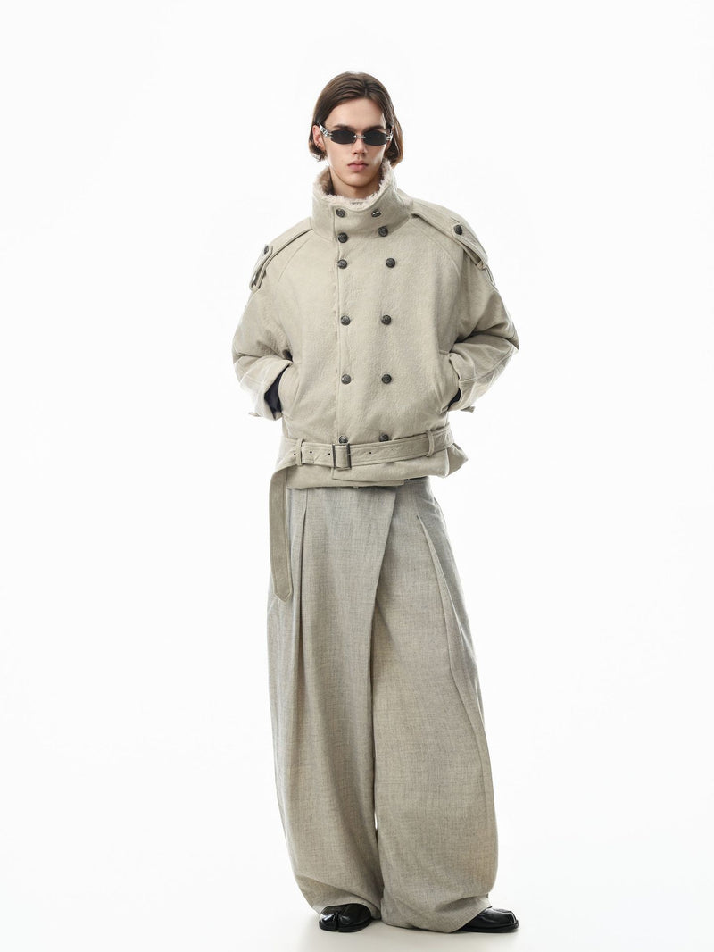 Double-Breasted Shearling-Collar Padded Jacket with Waist Belt