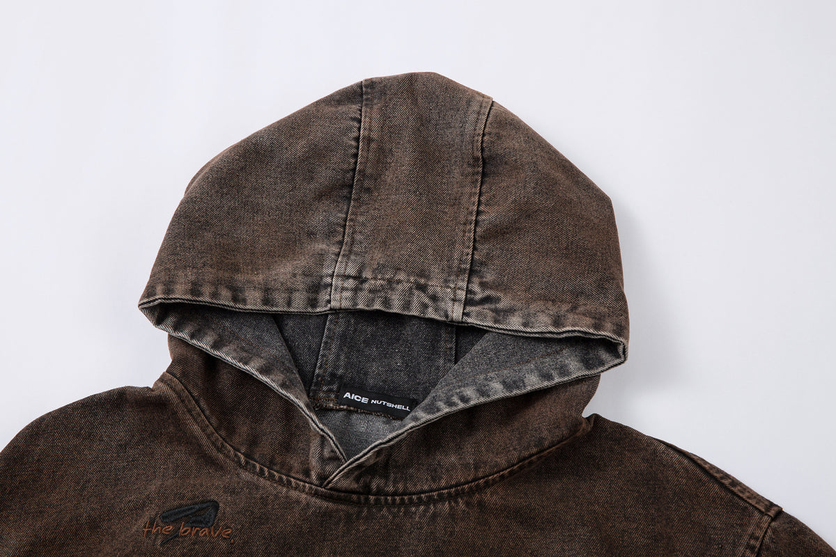 Washed Denim Hoodie Jacket – Boxy Fit with Embroidered Appliqué