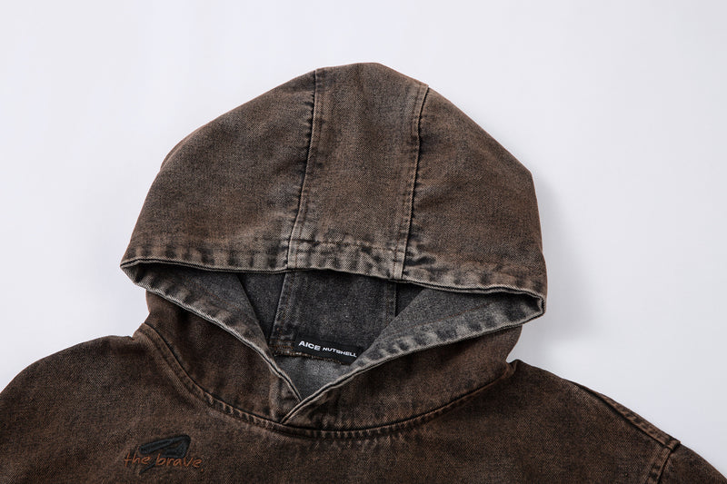 Washed Denim Hoodie Jacket – Boxy Fit with Embroidered Appliqué
