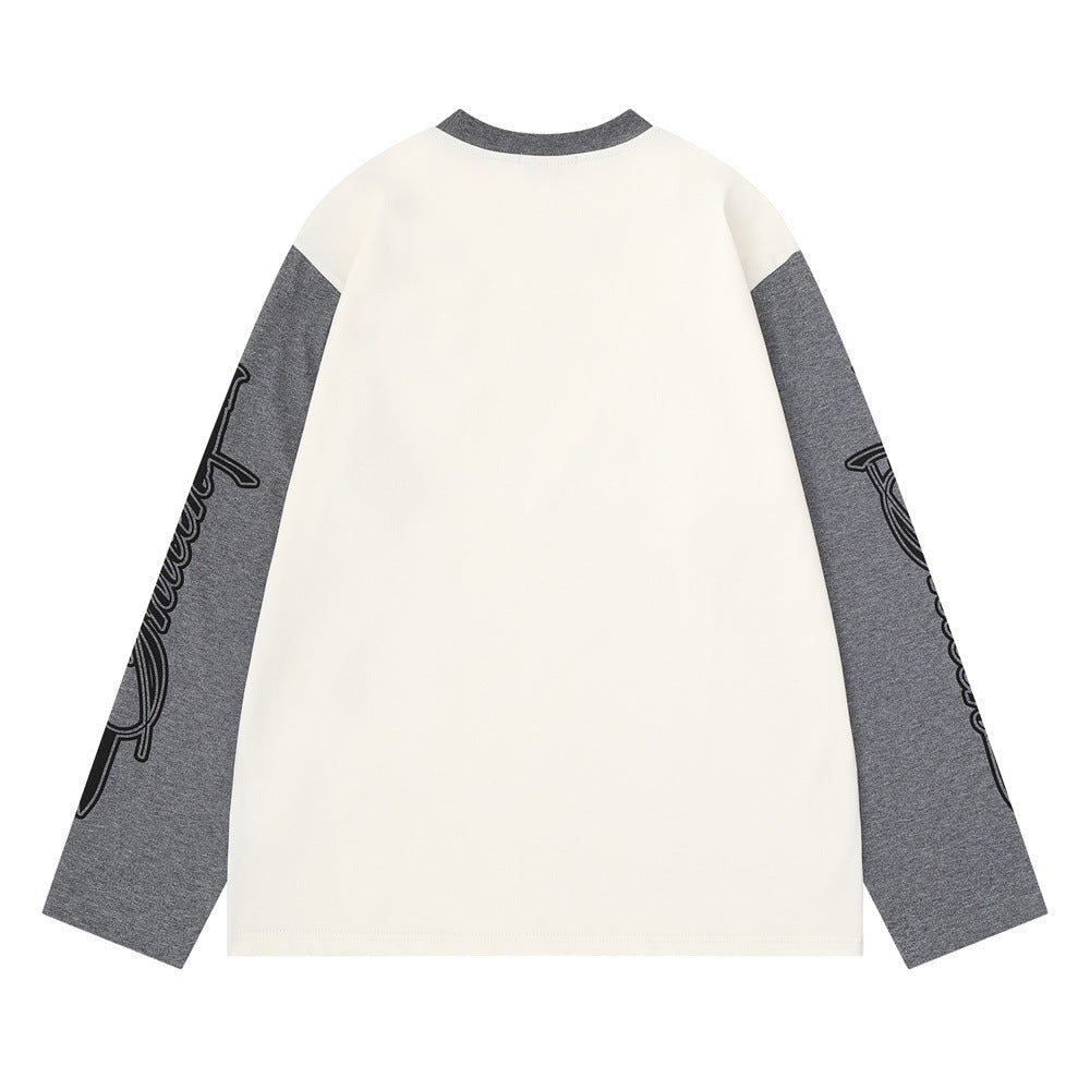 Camiseta de manga larga para hombre con bloques de color y bordado de texto – Corte relajado