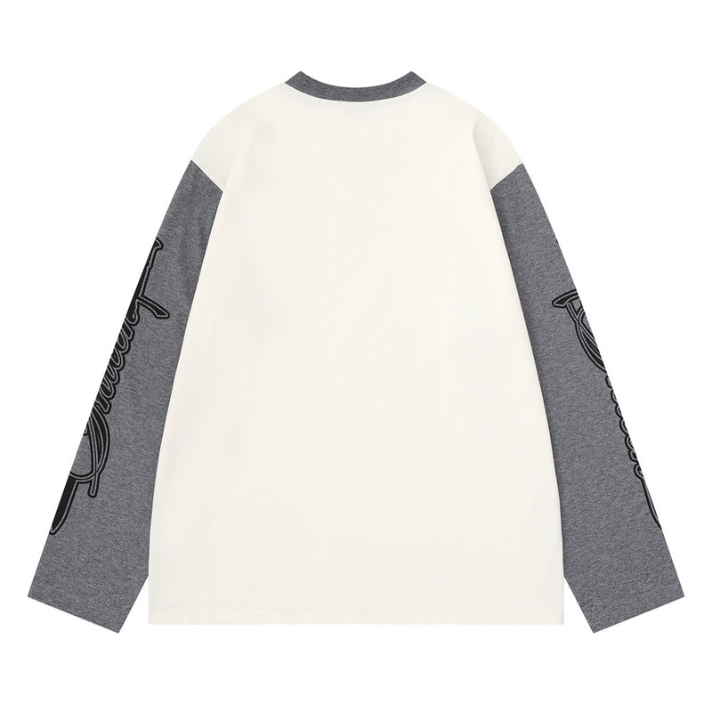 Camiseta de manga larga para hombre con bloques de color y bordado de texto – Corte relajado
