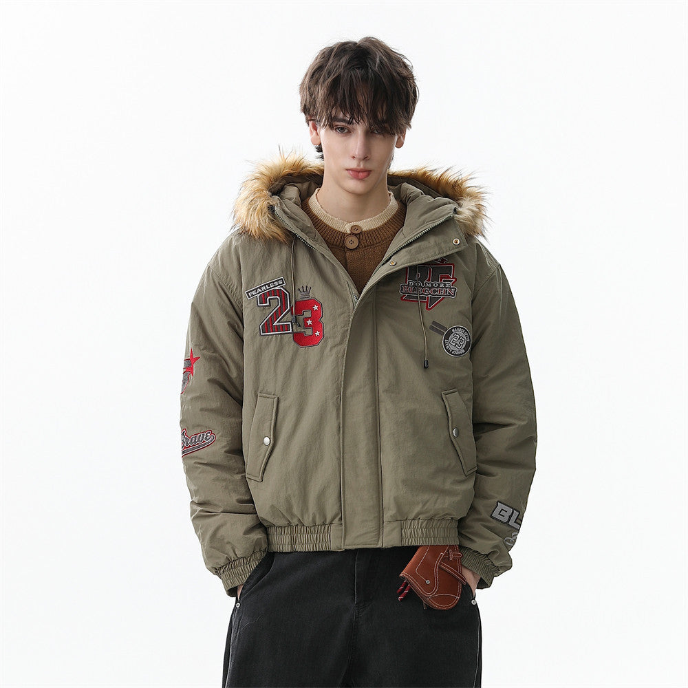 Men's army green varsity patch faux fur hooded puffer jacket with embroidered number 23 and star patches, front and back view