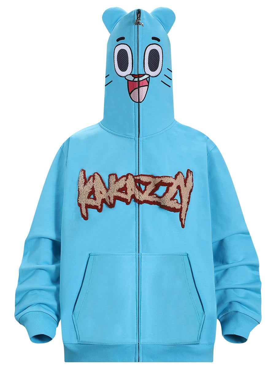 Adorable Blue Cartoon Hoodie - 400GSM Cotton with Playful Face Design