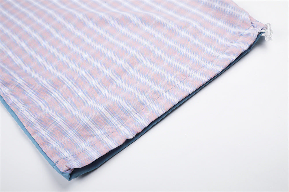 Colorblock Plaid Wide-Leg Parachute Pants with Script Embroidery