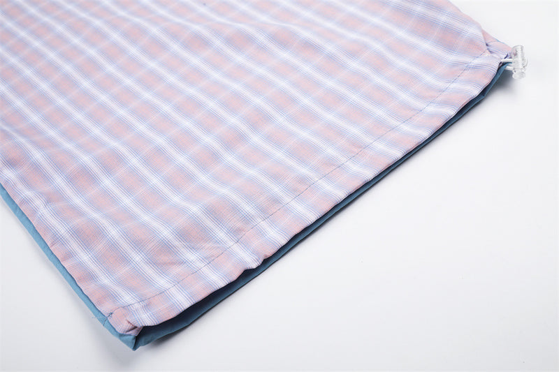 Colorblock Plaid Wide-Leg Parachute Pants with Script Embroidery