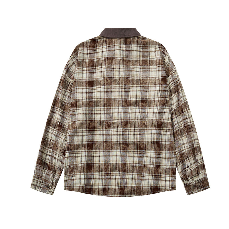 Plaid Flannel Shirt Jacket with Vintage Cartoon Embroidery – Washed Oversized