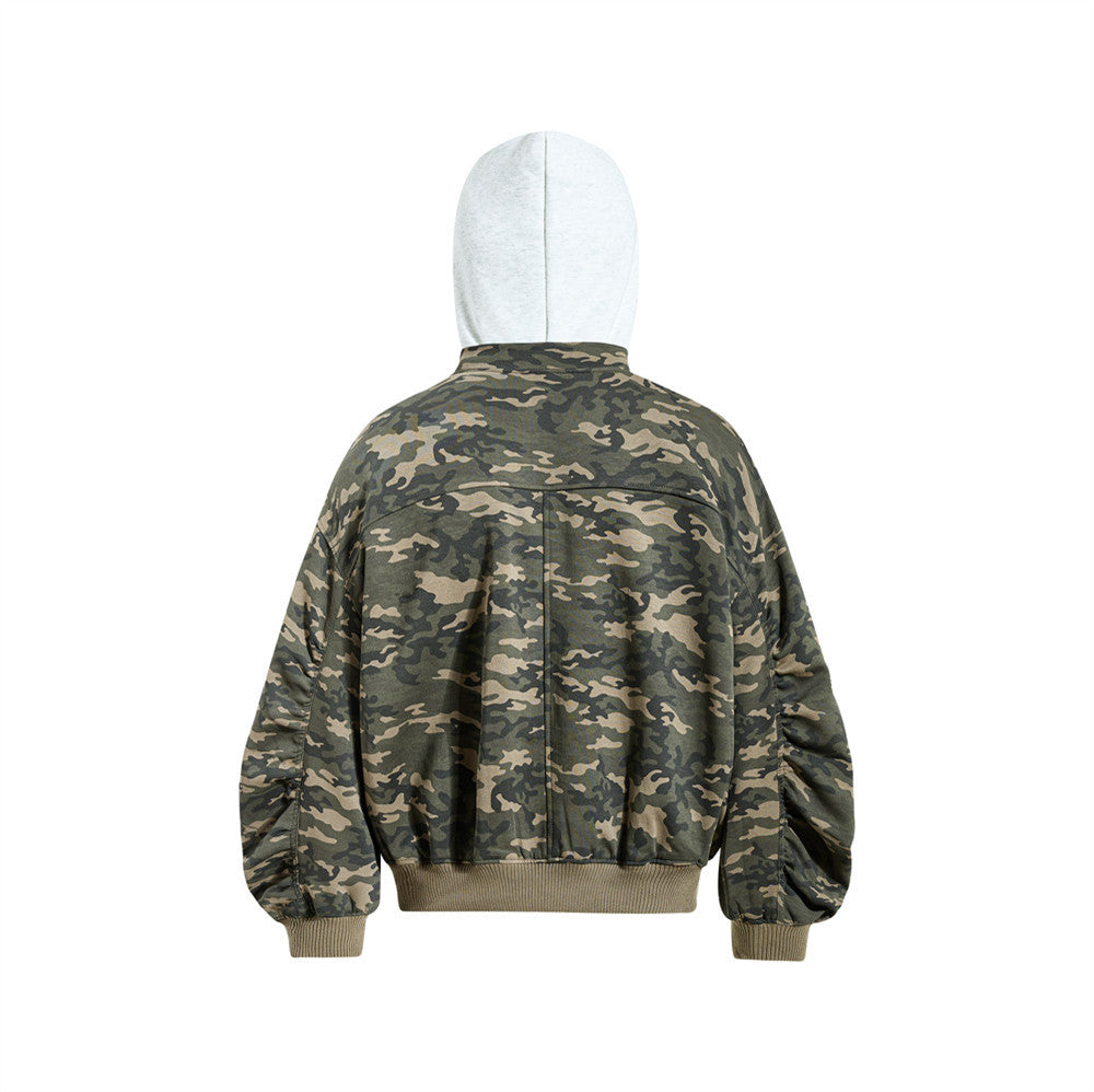 Blouson bomber homme camouflage à capuche, fermeture zippée et manches plissées