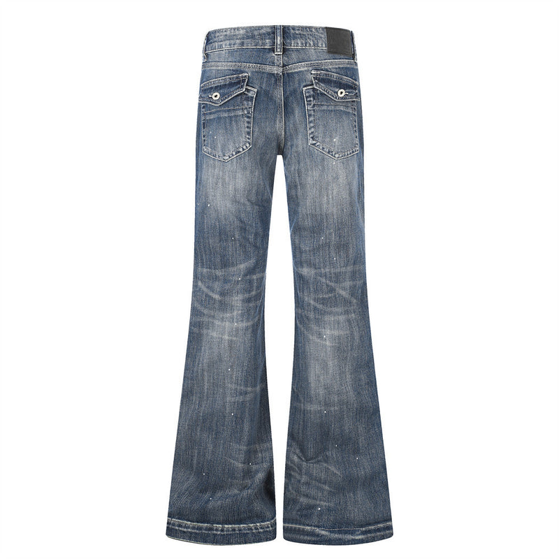 Punk Washed Distressed Flare Jeans – Men's Wide-Leg Denim with Paint Splatter &