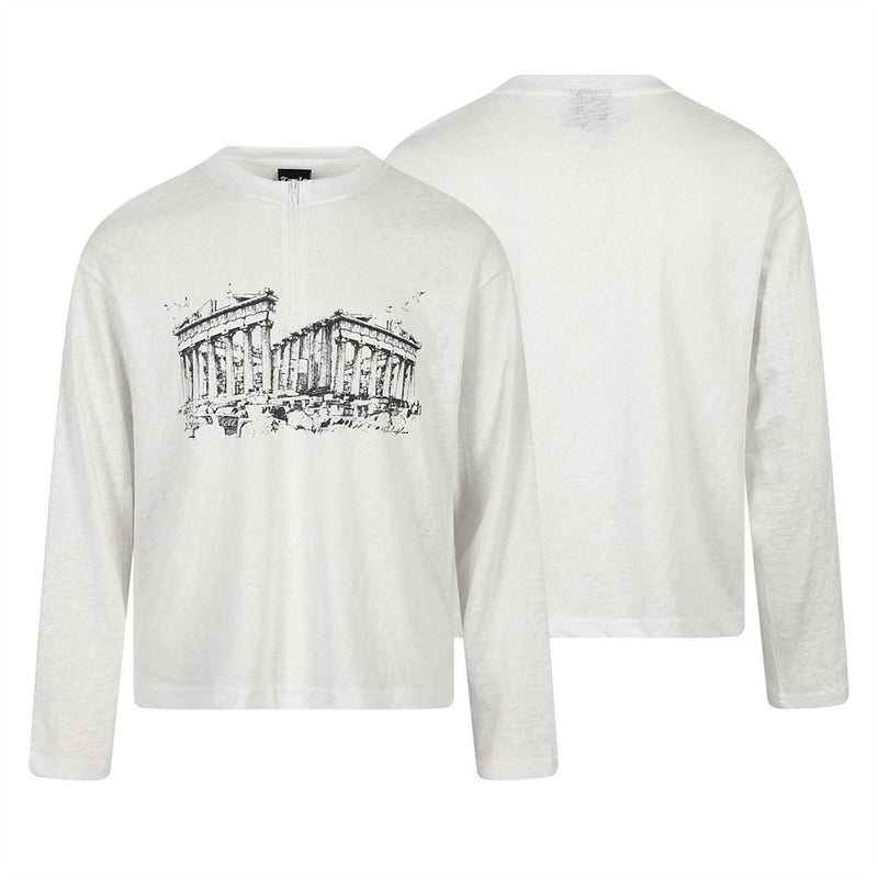 Long Sleeve T-Shirt with Ancient Greek Architecture Print – Relaxed Fit, White