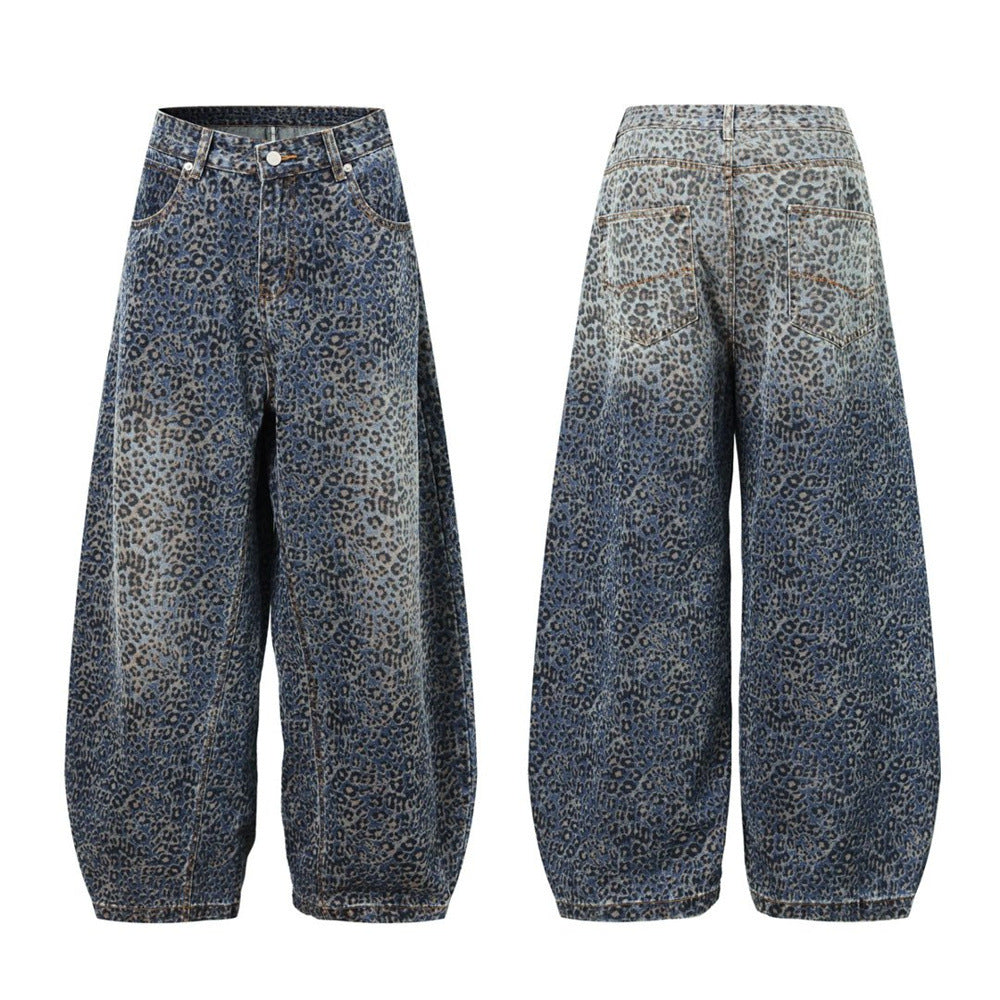 Oversized leopard print wide-leg baggy jeans in washed blue denim, front and back view