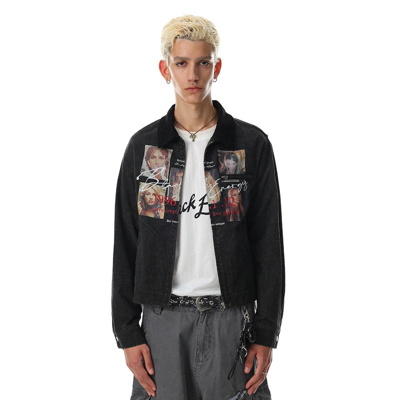 Black distressed zip-up jean jacket worn by model with graphic photo print on chest