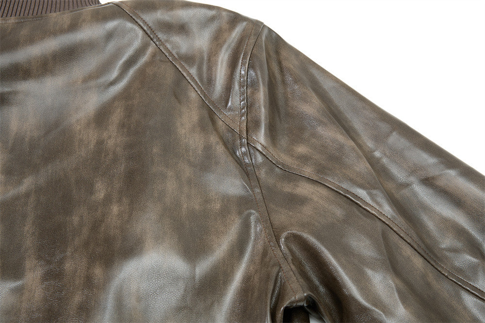 Men's Distressed Glossy PU Leather Bomber Jacket with Stand Collar & Diagonal