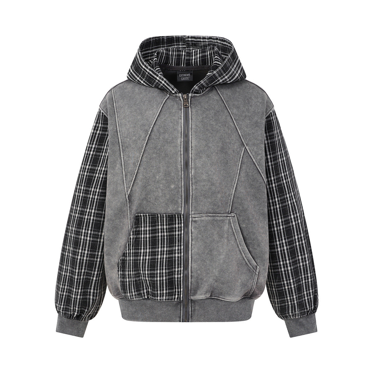 Sudadera oversized de felpa lavada con cremallera, mangas y forro de capucha de franela de cuadros, gris, vista frontal