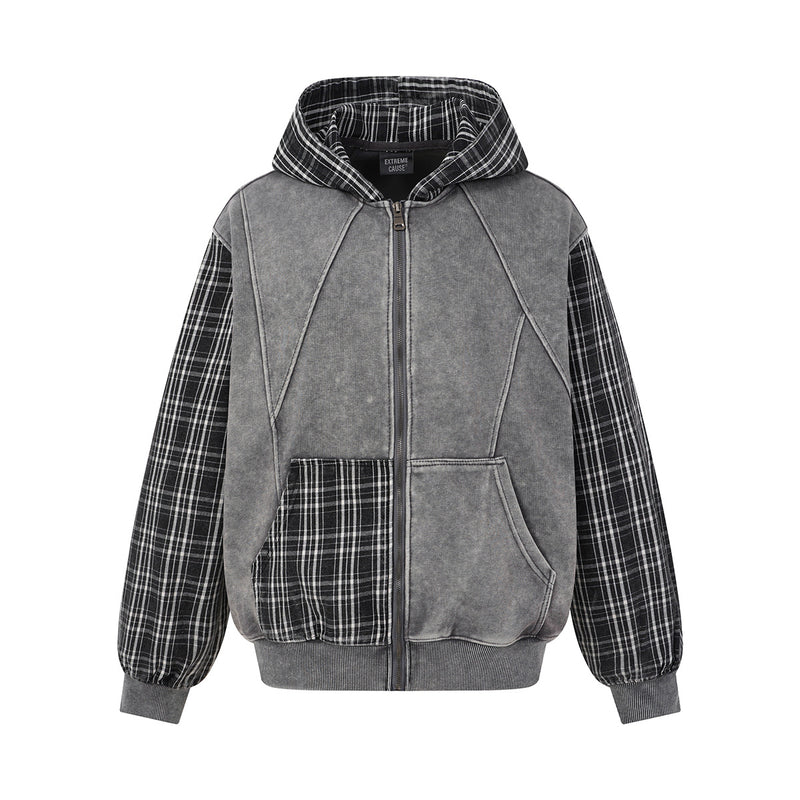 Sudadera oversized de felpa lavada con cremallera, mangas y forro de capucha de franela de cuadros, gris, vista frontal