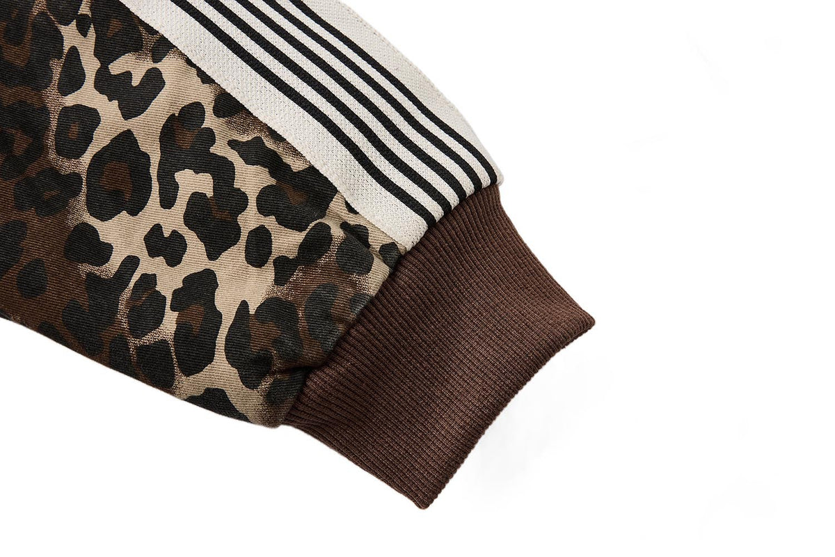 Leopard Print Track Jacket with Striped Sleeve Tape and Mock Neck Zip