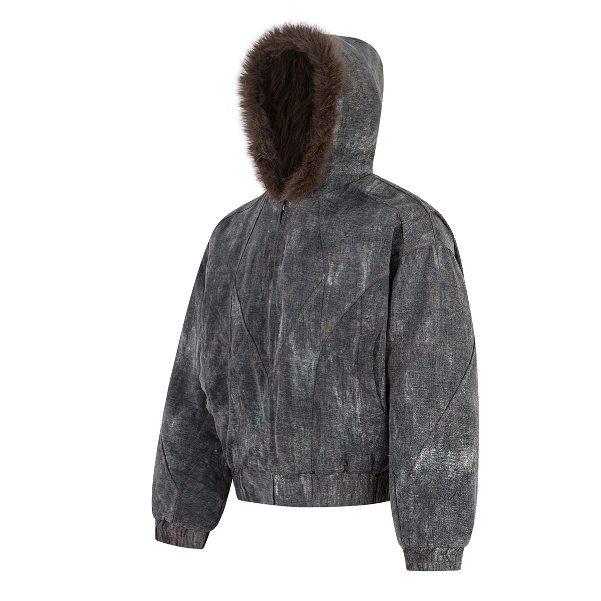Washed Denim Bomber Jacket with Faux Fur Hood – Vintage American Style