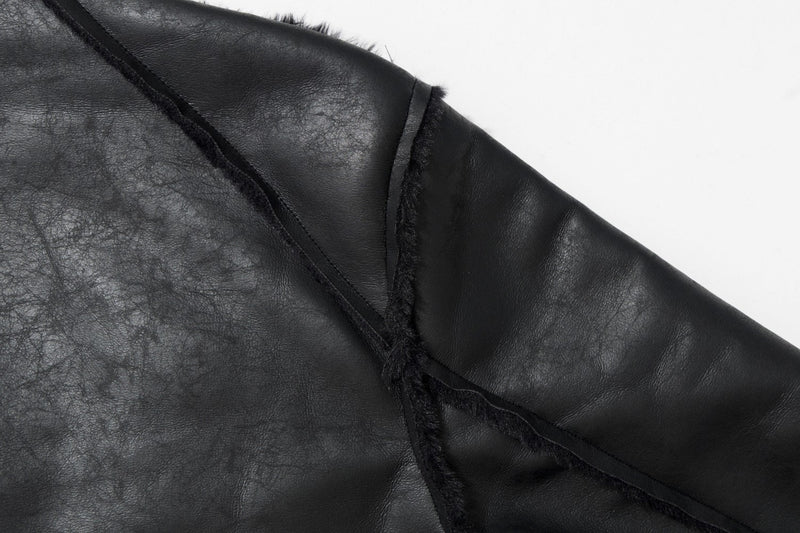 Leather Jacket with Fur Collar – Black Bomber Moto Jacket with Cargo Pockets &