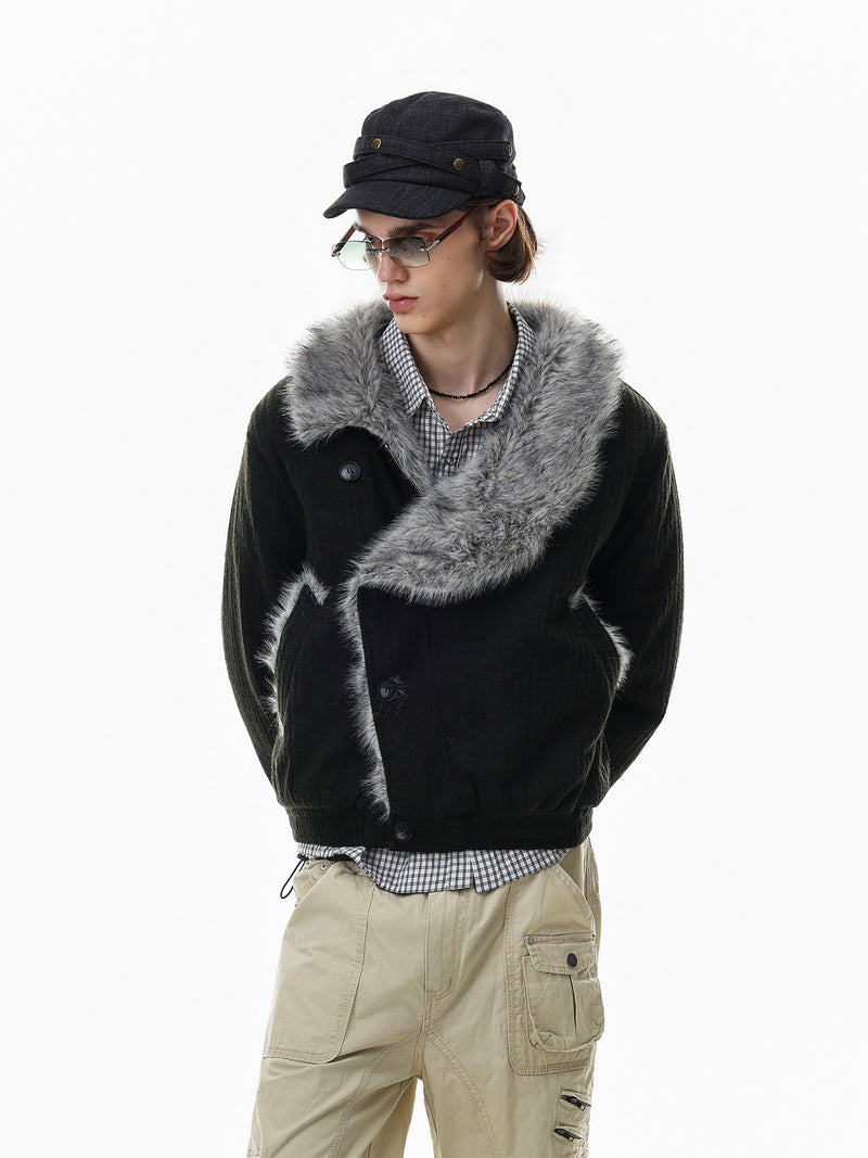 Men's Faux Fur Collar Bomber Jacket – Black Padded Winter Coat