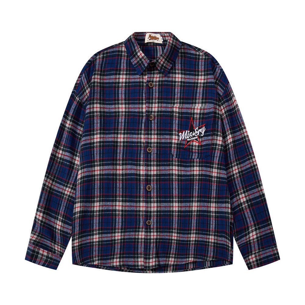 Miskry Worldwide blue plaid flannel overshirt with red star embroidery on left chest pocket, front and back view
