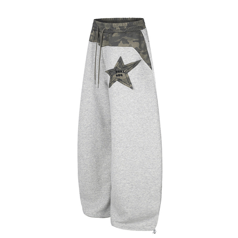 Wide-Leg Sweatpants with Camo Waistband & Star Patch – Men's Oversized